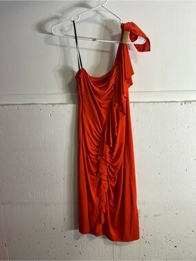 David Meister One-Shoulder Orange Red Ruffle Dress